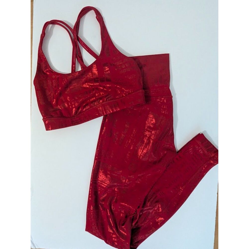 2 Lululemon Energy Bra + Wunder Under HR Leggings 28" Manifesto Foil Dark Red